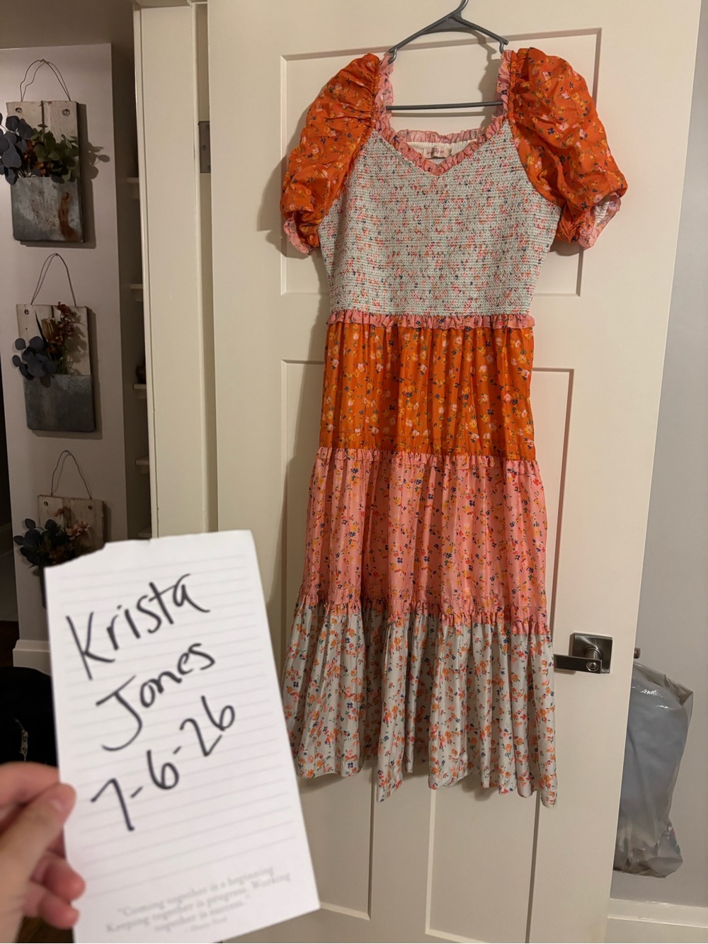 Ivy City Co Orange and Pink Floral Tiered Midi Dress with Puff Sleeves